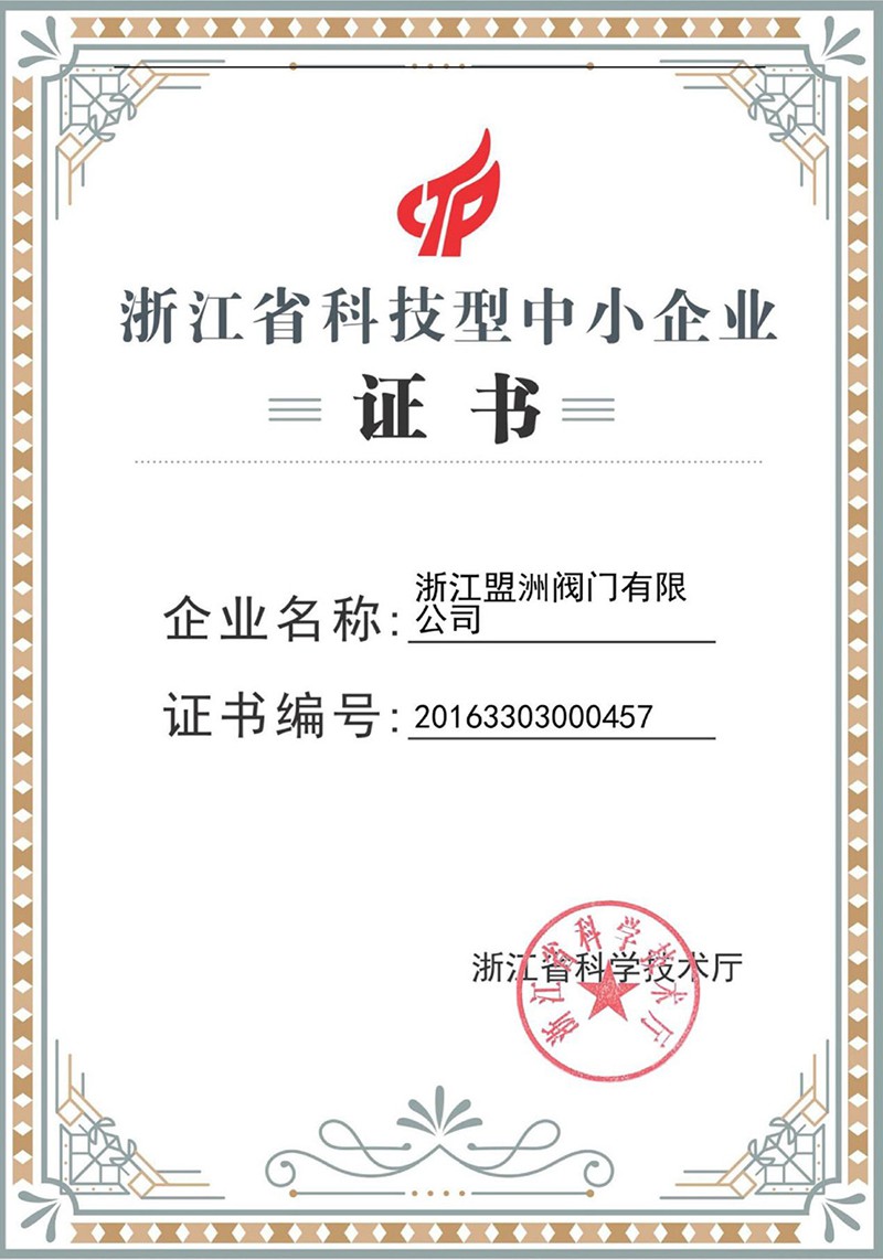 浙江省科技型中小企業證書